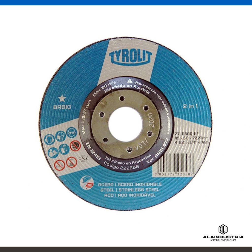 DISCO DESBASTE CTRO DEPRIMIDO Ø115 x 6.0 x 22 TYROLIT BASIC