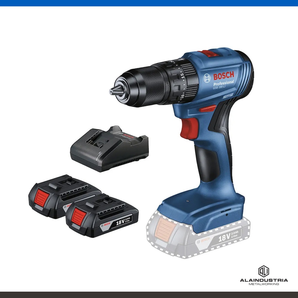 TALADRO ATORNILLADOR A BATERIA 18V BOSCH GSB 185-LI + CARGADOR RAPIDO  GAL 18V-20+ 2 BATERIAS 18V GBA 2,0 Ah + MALETIN PLASTICO
