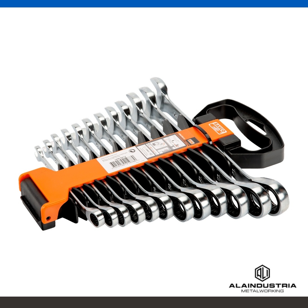 JUEGOS DE LLAVES COMBINADAS CON CRIQUE EN SOPORTE PLÁSTICO 1RM Y 1RZ 12 pzs. BAHCO