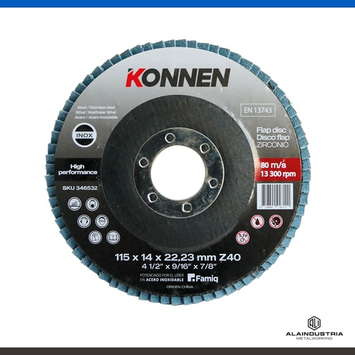 [346532] DISCO FLAP Ø115 x 22 ZIRCONIO #40 KONNEN A.INOXIDABLE