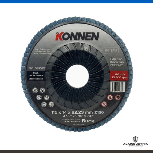 [349085] DISCO FLAP Ø115 x 22 ZIRCONIO #120. RESPALDO PLÁSTICO KONNEN A.INOXIDABLE
